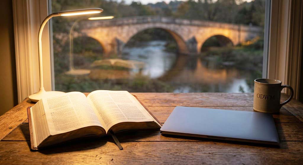 Bible open next to a laptop with soft lighting