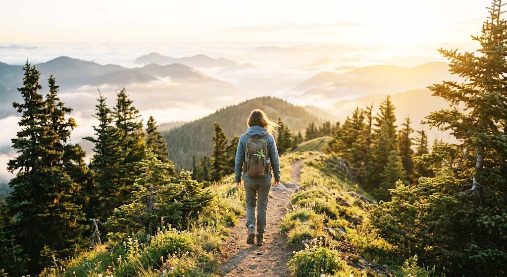 Hiker walking along a sunlit ridge at sunrise