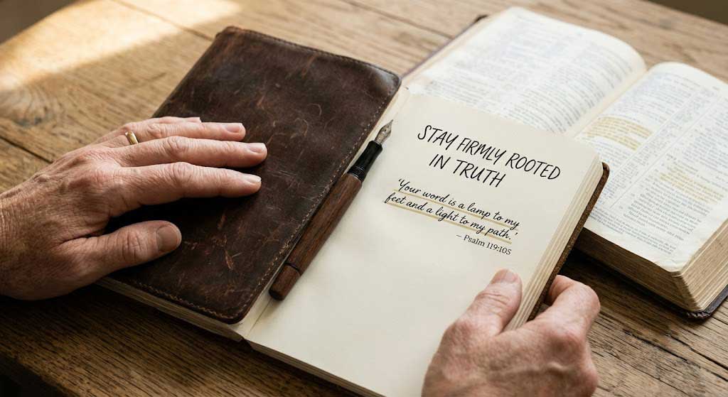 Leather journal and open Bible highlighted