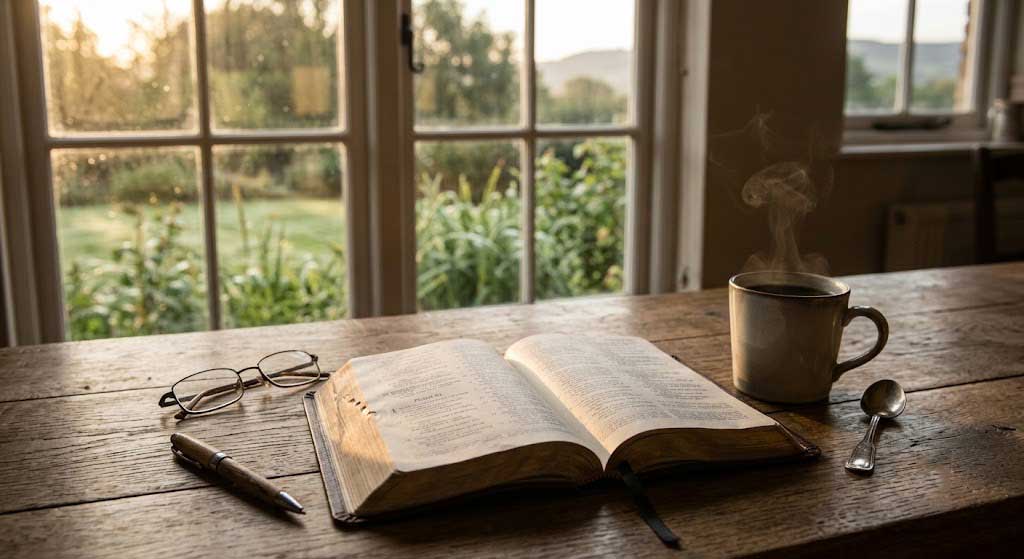 Quiet morning devotion with open Bible and coffee